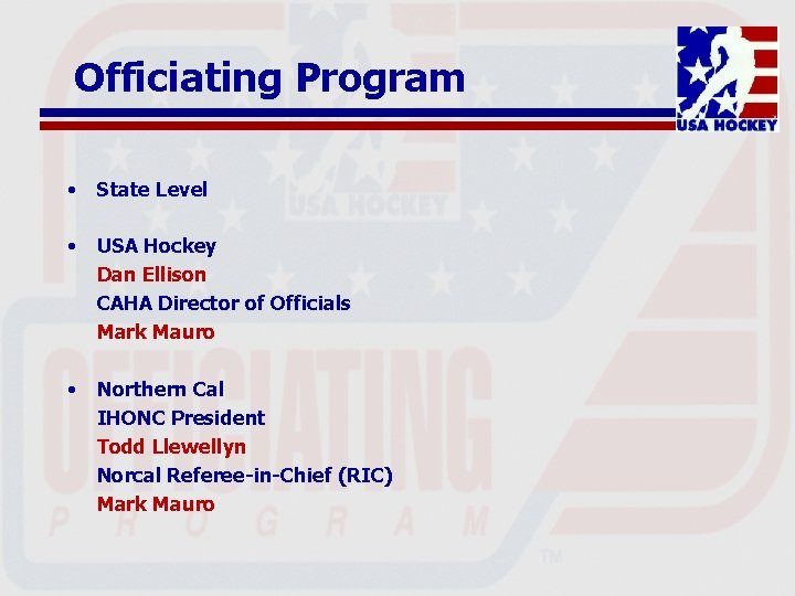 Officiating Program • State Level • USA Hockey Dan Ellison CAHA Director of Officials