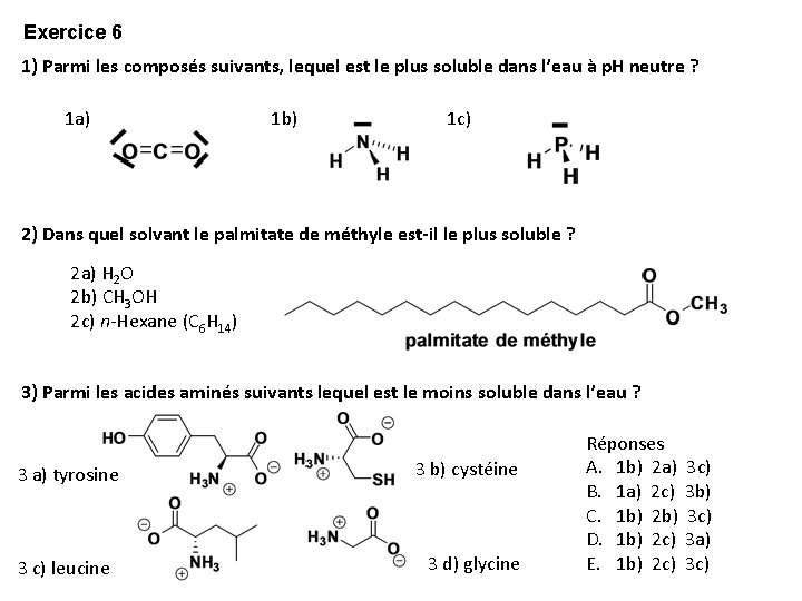 Exercice 6 1) Parmi les composés suivants, lequel est le plus soluble dans l’eau