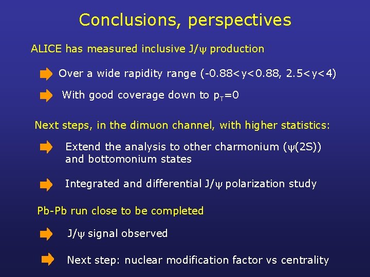 Conclusions, perspectives ALICE has measured inclusive J/ production Over a wide rapidity range (-0.