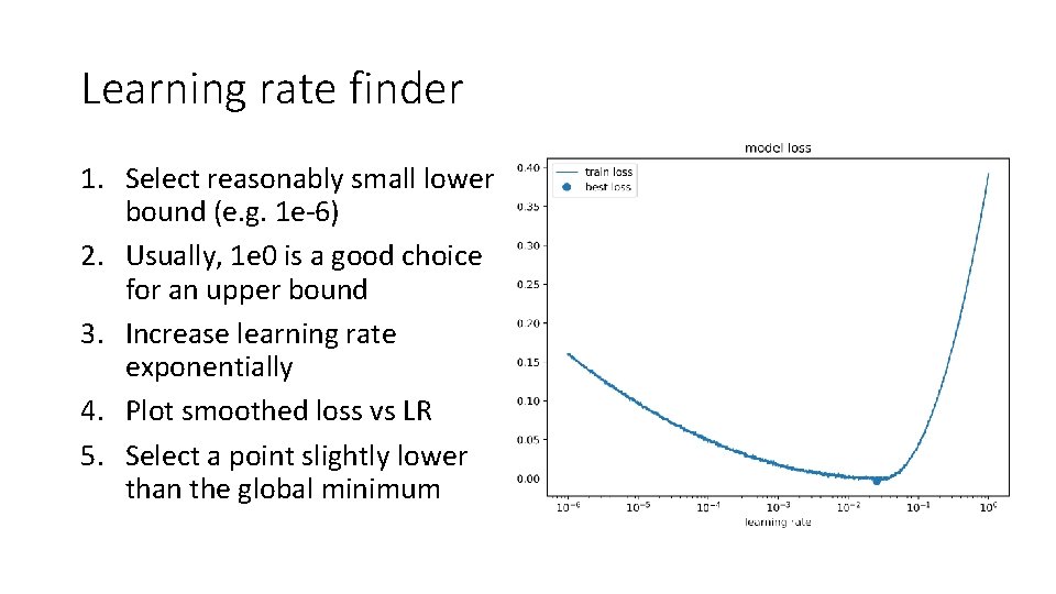 Learning rate finder 1. Select reasonably small lower bound (e. g. 1 e-6) 2.