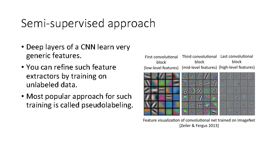 Semi-supervised approach • Deep layers of a CNN learn very generic features. • You