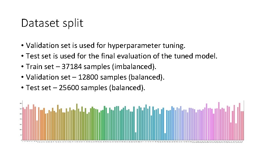 Dataset split • Validation set is used for hyperparameter tuning. • Test set is