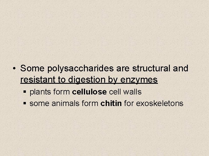  • Some polysaccharides are structural and resistant to digestion by enzymes § plants