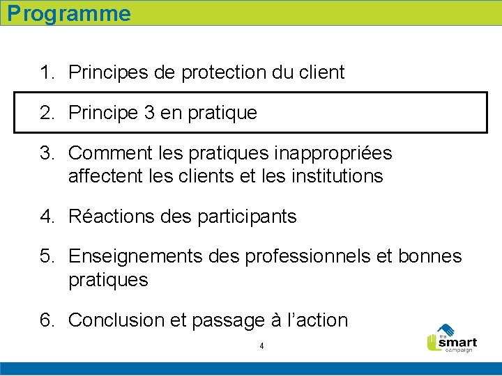 Programme 1. Principes de protection du client 2. Principe 3 en pratique 3. Comment