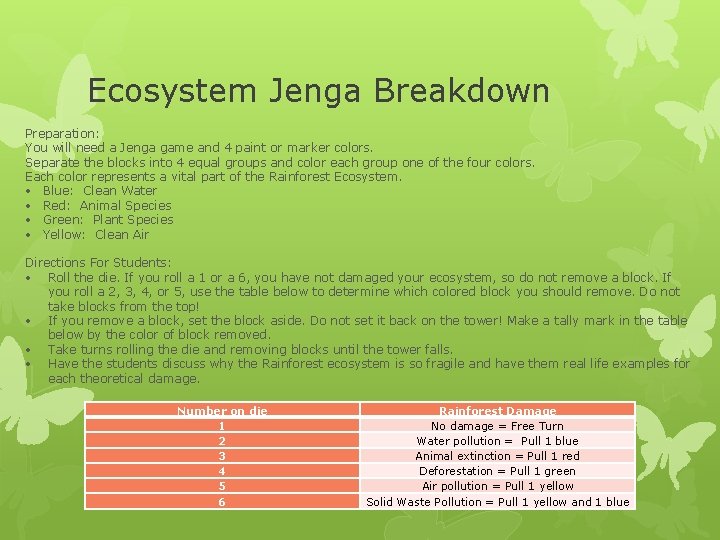 Ecosystem Jenga Breakdown Preparation: You will need a Jenga game and 4 paint or Ecosystem Jenga Breakdown Preparation: You will need a Jenga game and 4 paint or