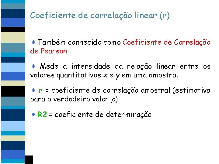 Coeficiente de correlação linear (r) Também conhecido como Coeficiente de Correlação de Pearson Mede