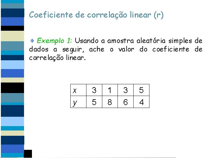 Coeficiente de correlação linear (r) Exemplo 1: Usando a amostra aleatória simples de dados