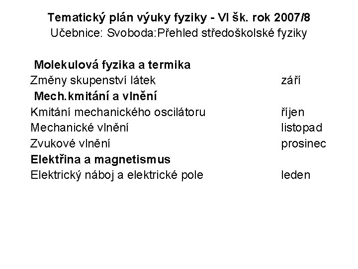 Tematický plán výuky fyziky - VI šk. rok 2007/8 Učebnice: Svoboda: Přehled středoškolské fyziky