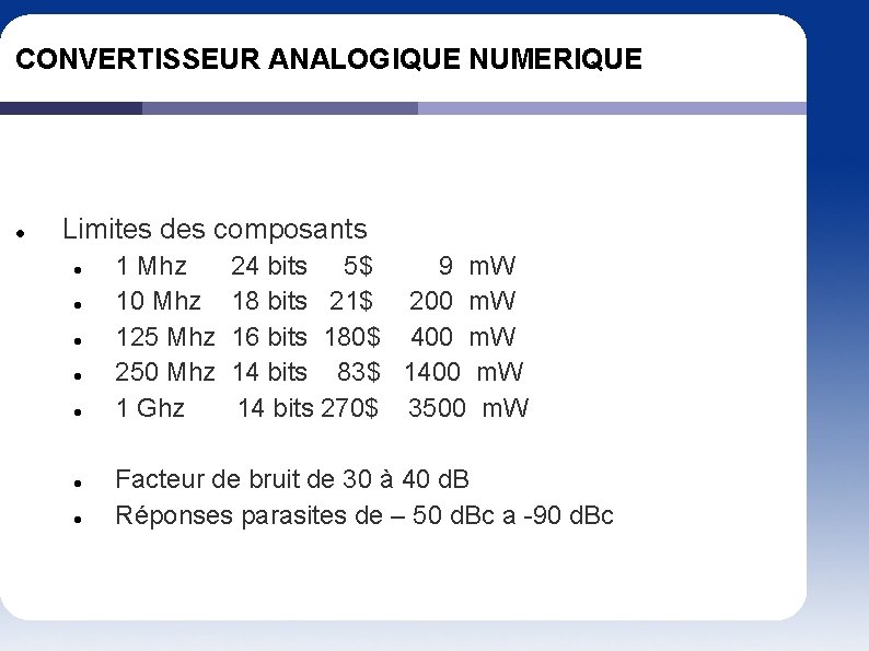 CONVERTISSEUR ANALOGIQUE NUMERIQUE Limites des composants 1 Mhz 24 bits 5$ 9 m. W