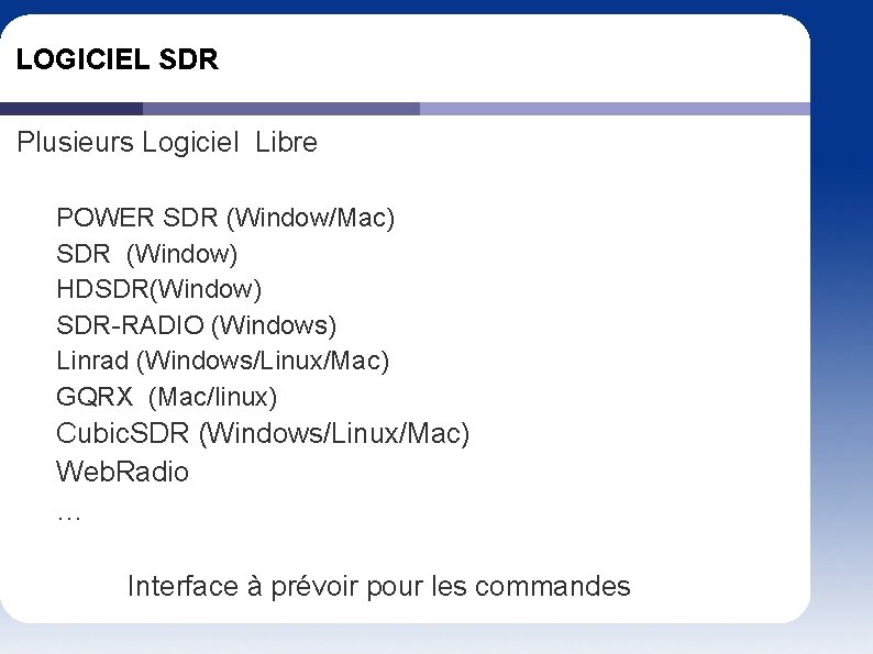 LOGICIEL SDR Plusieurs Logiciel Libre POWER SDR (Window/Mac) SDR (Window) HDSDR(Window) SDR-RADIO (Windows) Linrad