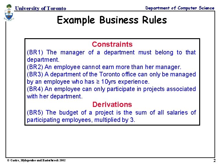 Department of Computer Science University of Toronto Example Business Rules Constraints (BR 1) The