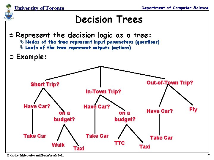 Department of Computer Science University of Toronto Decision Trees Ü Represent the decision logic