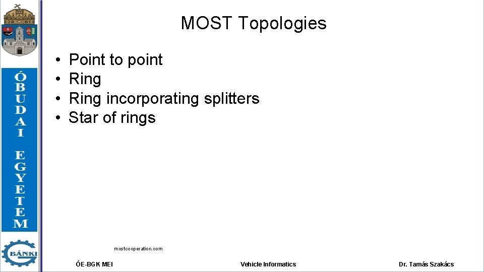 MOST Topologies • • Point to point Ring incorporating splitters Star of rings mostcooperation.