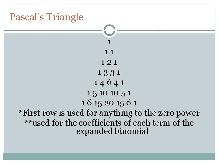 Pascal’s Triangle 1 11 121 1331 14641 1 5 10 10 5 1 1