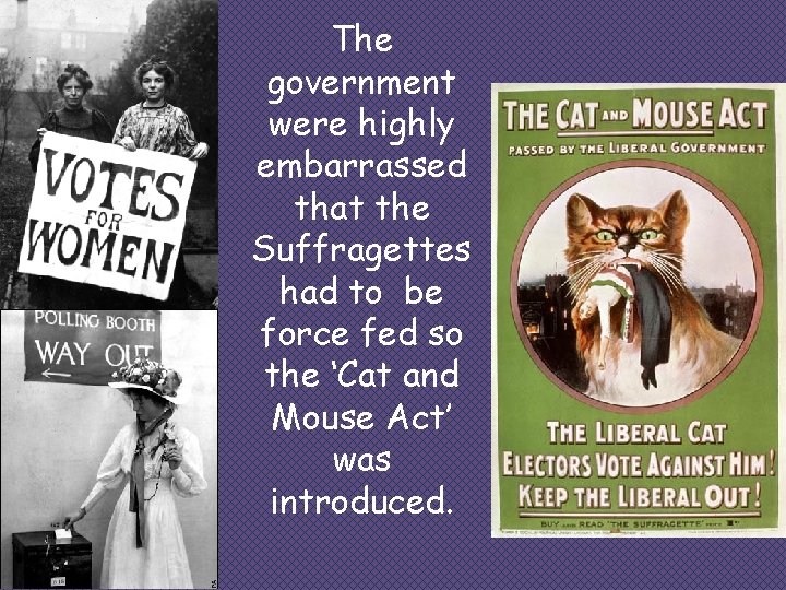 The government were highly embarrassed that the Suffragettes had to be force fed so