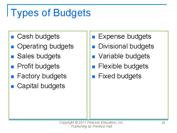 Types of Budgets n n n Cash budgets Operating budgets Sales budgets Profit budgets