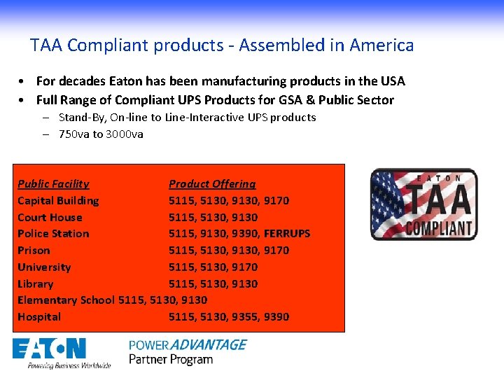 TAA Compliant products - Assembled in America • For decades Eaton has been manufacturing