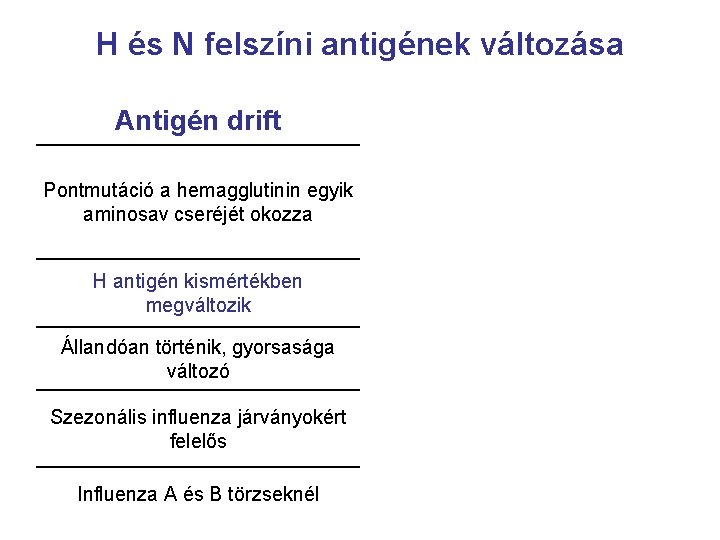 H és N felszíni antigének változása Antigén drift Pontmutáció a hemagglutinin egyik aminosav cseréjét