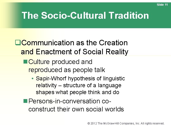 Slide 11 The Socio-Cultural Tradition q. Communication as the Creation and Enactment of Social