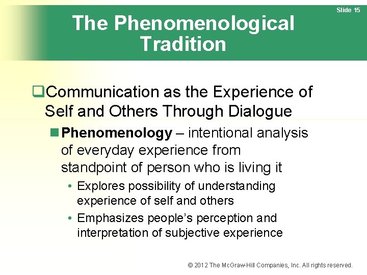 The Phenomenological Tradition Slide 15 q. Communication as the Experience of Self and Others