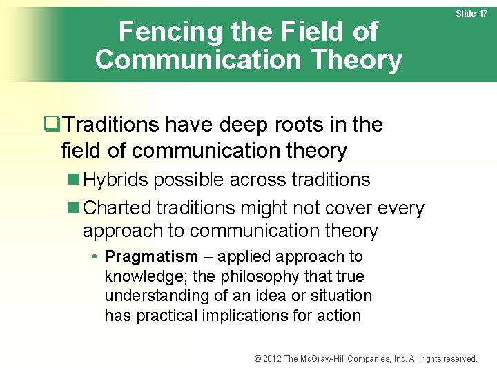 Fencing the Field of Communication Theory Slide 17 q. Traditions have deep roots in