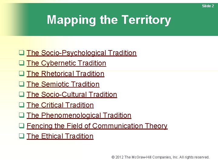 Slide 2 Mapping the Territory q The Socio-Psychological Tradition q The Cybernetic Tradition q