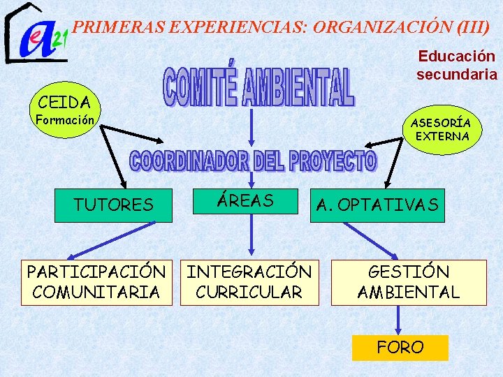 PRIMERAS EXPERIENCIAS: ORGANIZACIÓN (III) Educación secundaria CEIDA Formación TUTORES PARTICIPACIÓN COMUNITARIA ASESORÍA EXTERNA ÁREAS