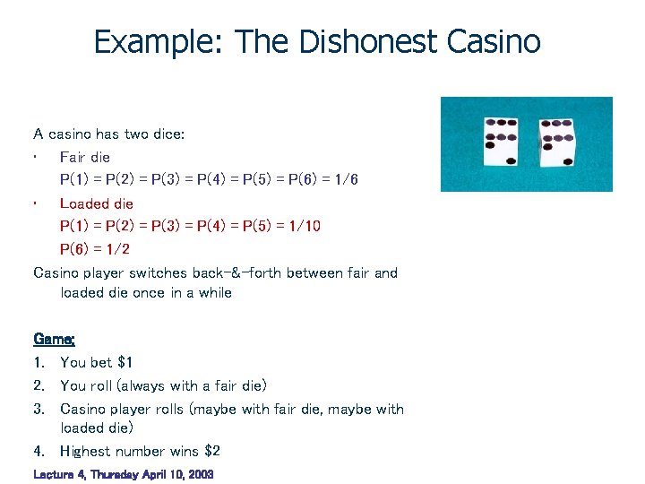Example: The Dishonest Casino A casino has two dice: • Fair die P(1) = Example: The Dishonest Casino A casino has two dice: • Fair die P(1) =