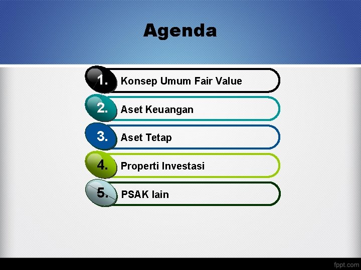 Agenda 1. Konsep Umum Fair Value 2. Aset Keuangan 3. Aset Tetap 4. Properti