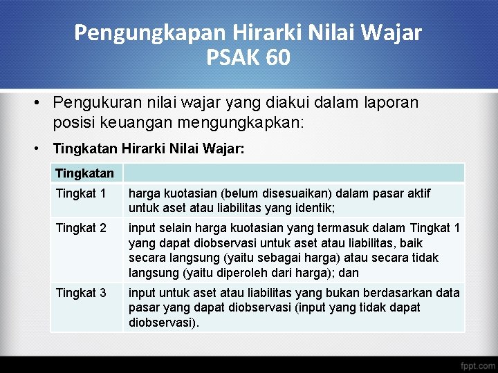 Pengungkapan Hirarki Nilai Wajar PSAK 60 • Pengukuran nilai wajar yang diakui dalam laporan