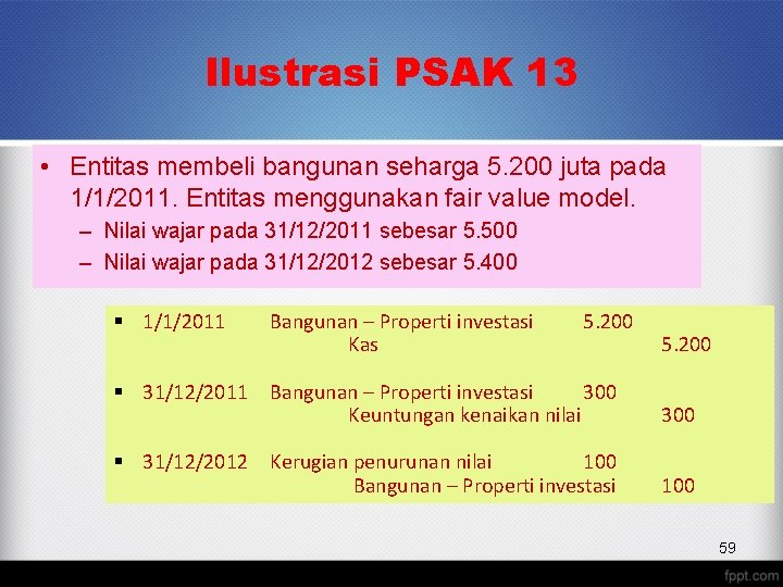 Ilustrasi PSAK 13 • Entitas membeli bangunan seharga 5. 200 juta pada 1/1/2011. Entitas