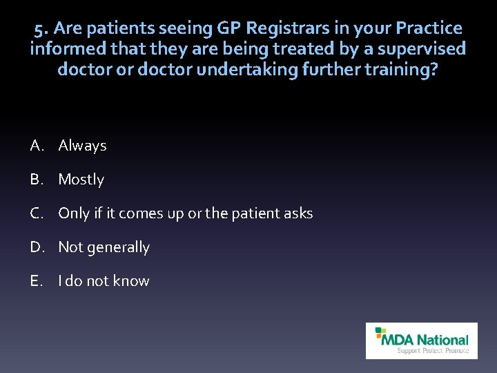 5. Are patients seeing GP Registrars in your Practice informed that they are being