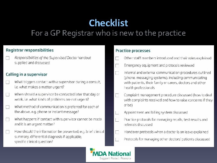 Checklist For a GP Registrar who is new to the practice 