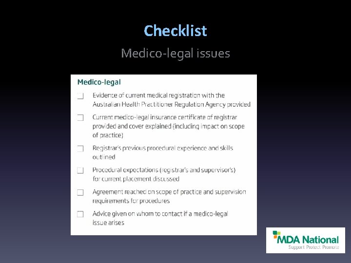 Checklist Medico-legal issues 