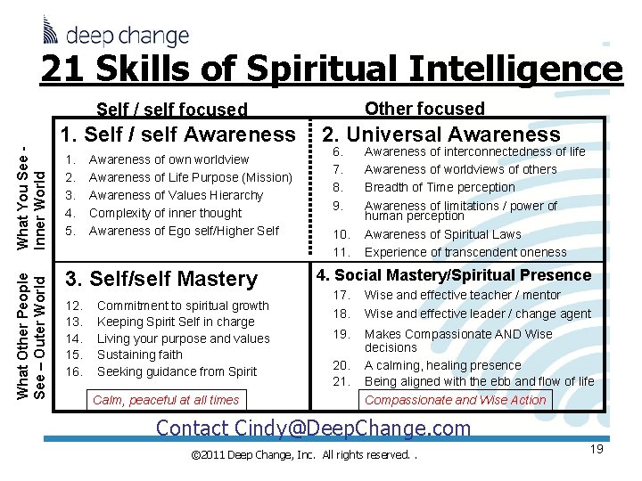 21 Skills of Spiritual Intelligence Other focused Self / self focused What You See 21 Skills of Spiritual Intelligence Other focused Self / self focused What You See
