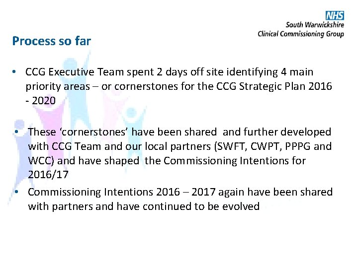 Process so far • CCG Executive Team spent 2 days off site identifying 4