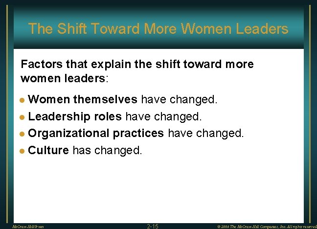The Shift Toward More Women Leaders Factors that explain the shift toward more women