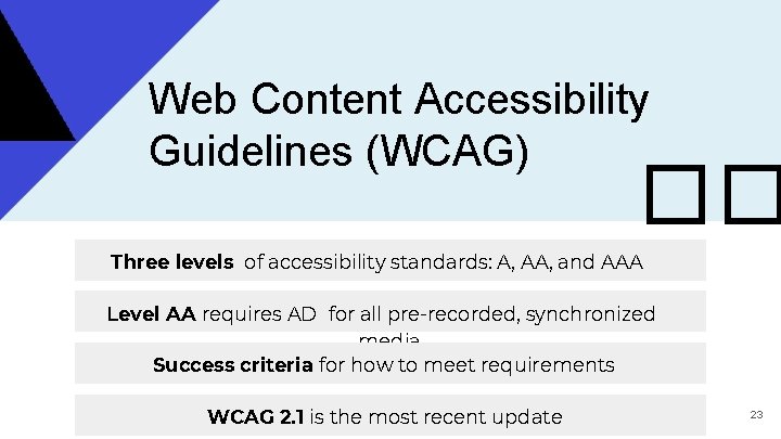 Web Content Accessibility Guidelines (WCAG) �� Three levels of accessibility standards: A, AA, and