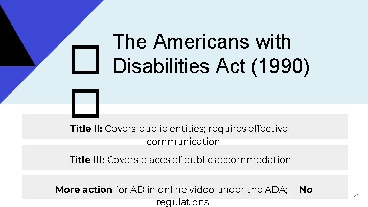 � � The Americans with Disabilities Act (1990) Title II: Covers public entities; requires