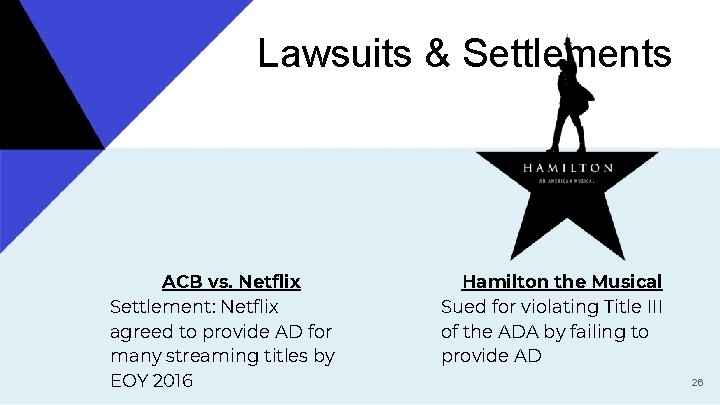 Lawsuits & Settlements ACB vs. Netflix Settlement: Netflix agreed to provide AD for many