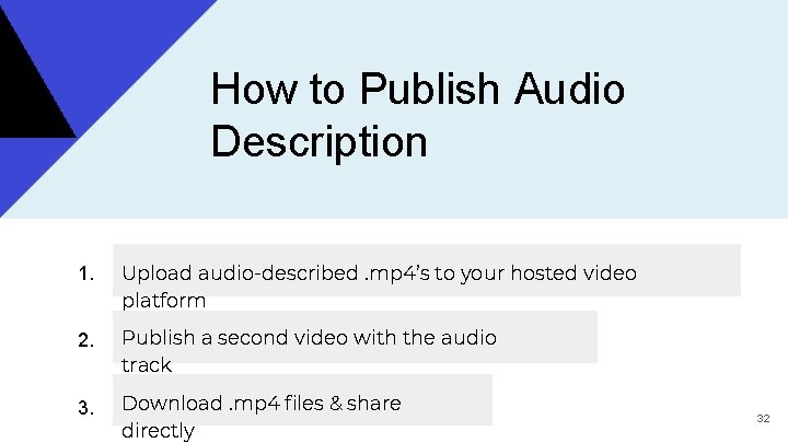 How to Publish Audio Description 1. Upload audio-described. mp 4’s to your hosted video