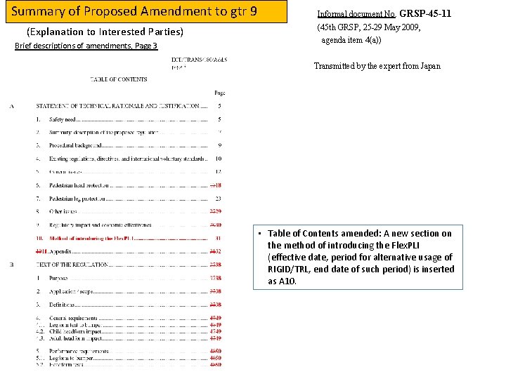 Summary of Proposed Amendment to gtr 9 (Explanation to Interested Parties) Brief descriptions of