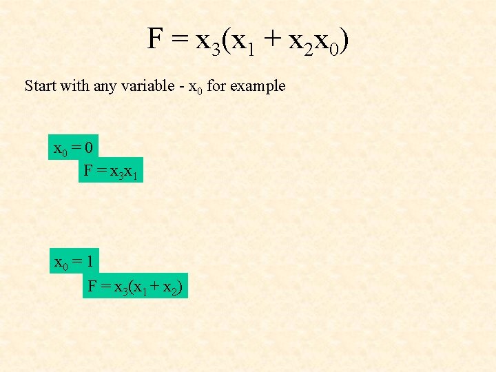 F = x 3(x 1 + x 2 x 0) Start with any variable