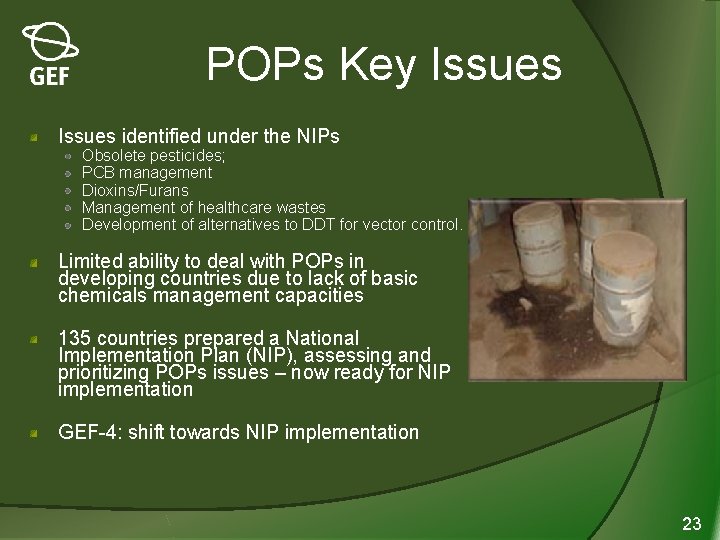 POPs Key Issues identified under the NIPs Obsolete pesticides; PCB management Dioxins/Furans Management of