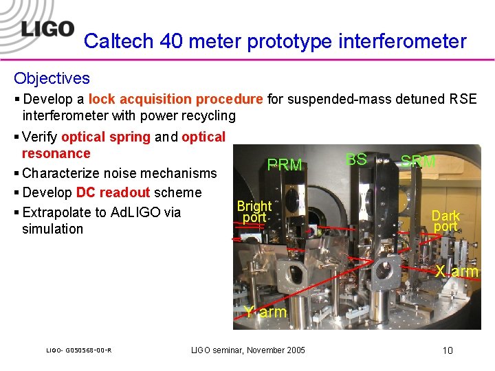 Caltech 40 meter prototype interferometer Objectives § Develop a lock acquisition procedure for suspended-mass