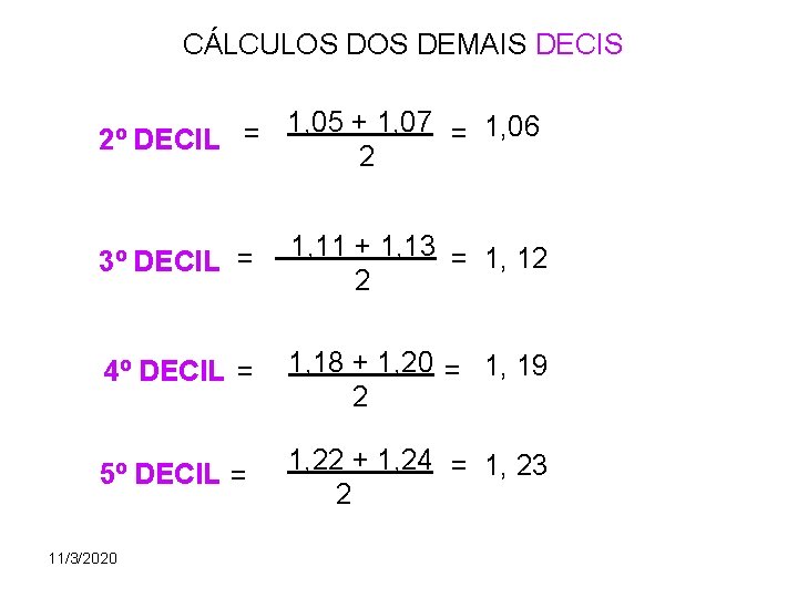 CÁLCULOS DEMAIS DECIS 1, 05 + 1, 07 = 1, 06 = 2º DECIL