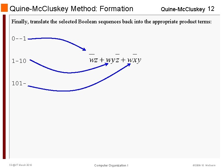 Quine-Mc. Cluskey Method: Formation Quine-Mc. Cluskey 12 Finally, translate the selected Boolean sequences back