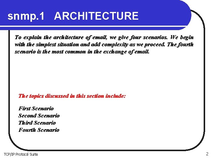 snmp. 1 ARCHITECTURE To explain the architecture of email, we give four scenarios. We