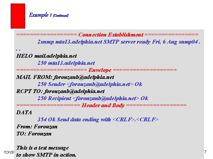 Example 1 (Continued) ========= Connection Establishment ======== 2 snmp mta 13. adelphia. net SMTP