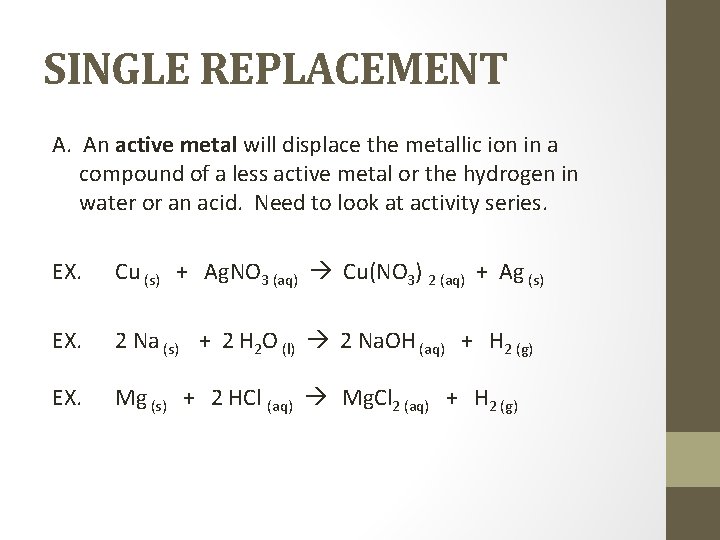 SINGLE REPLACEMENT A. An active metal will displace the metallic ion in a compound